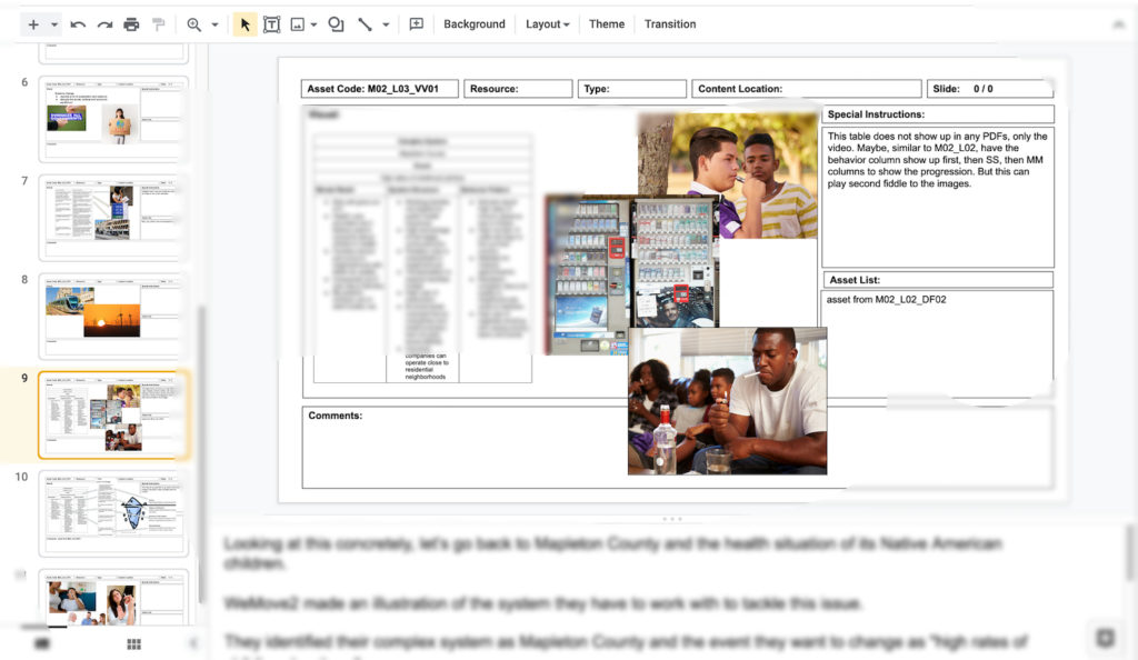 Screenshot of storyboarding slide in Google Slides, containing a table and images of unhealthy habits, and special instructions to the video development team, with the script for the scene