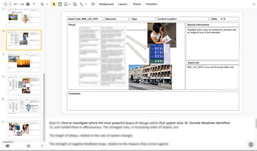 Screenshot of storyboarding slide in Google Slides, with a table from another asset in the course, and images to flash on screen along with dialog