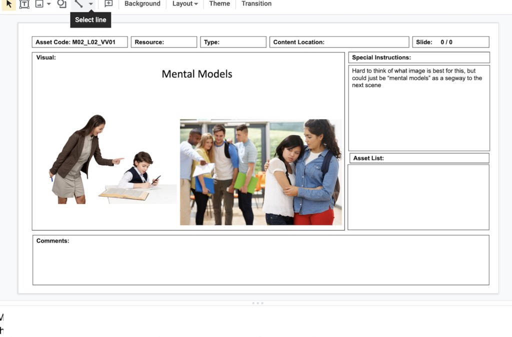 Screenshot of storyboarding slide in Google Slides, showing Princess' struggle to think of a descriptive image to go along with the topic